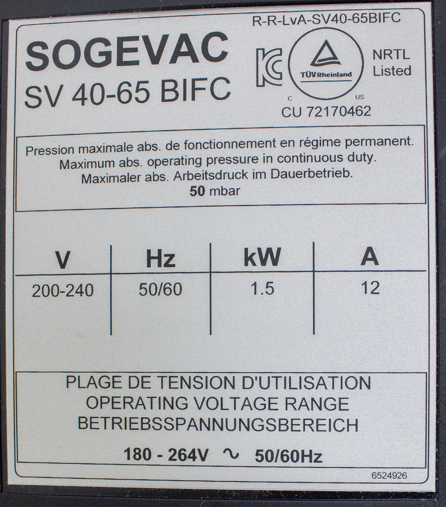 Leybold Sogevac SV 40 BIFC Single-Stage, Oil-Sealed Rotary Vane Pump 960363V01