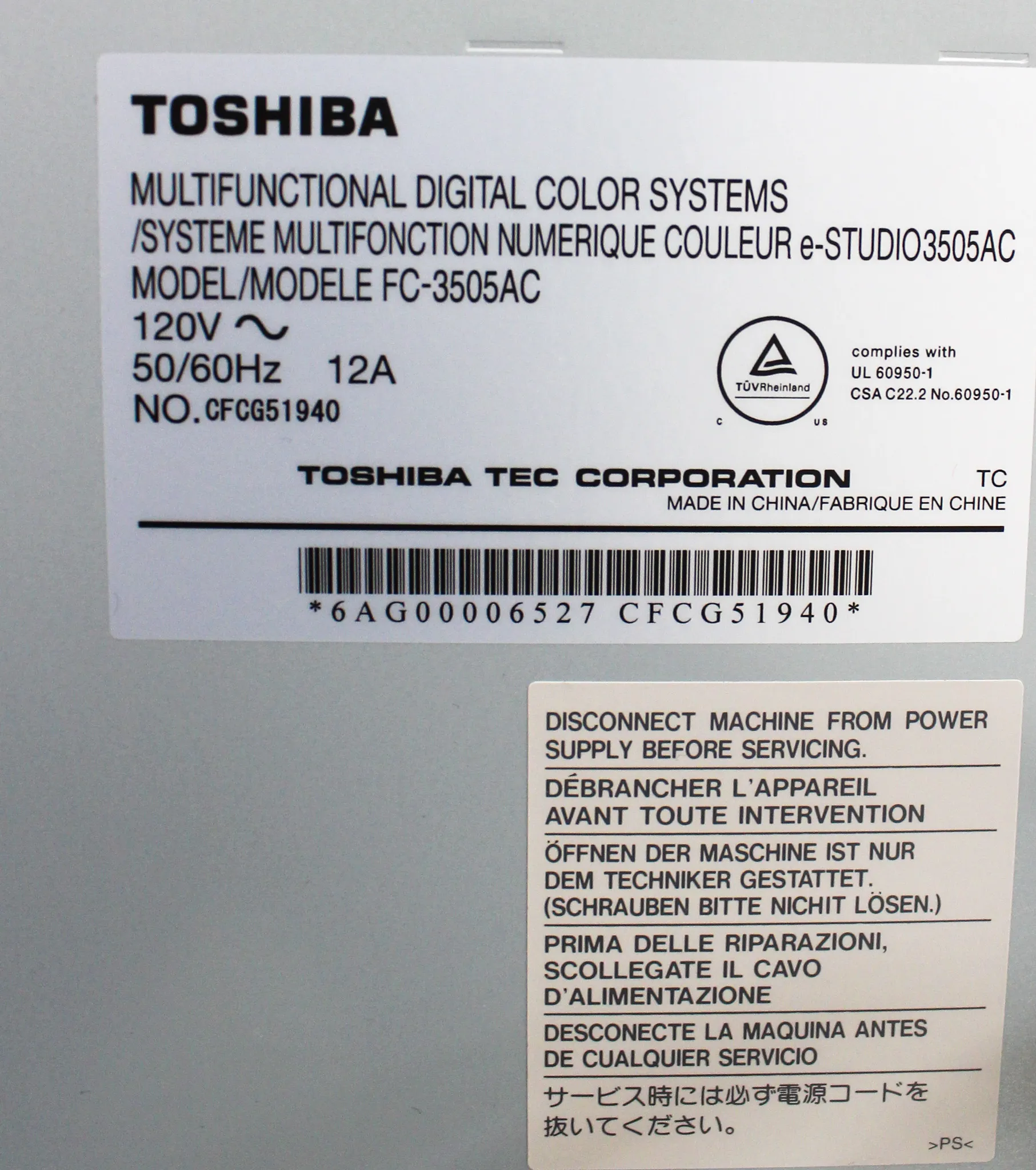 Toshiba E-Studio FC-3505AC Color Laser Multifunction Printer with 30-Day Warranty