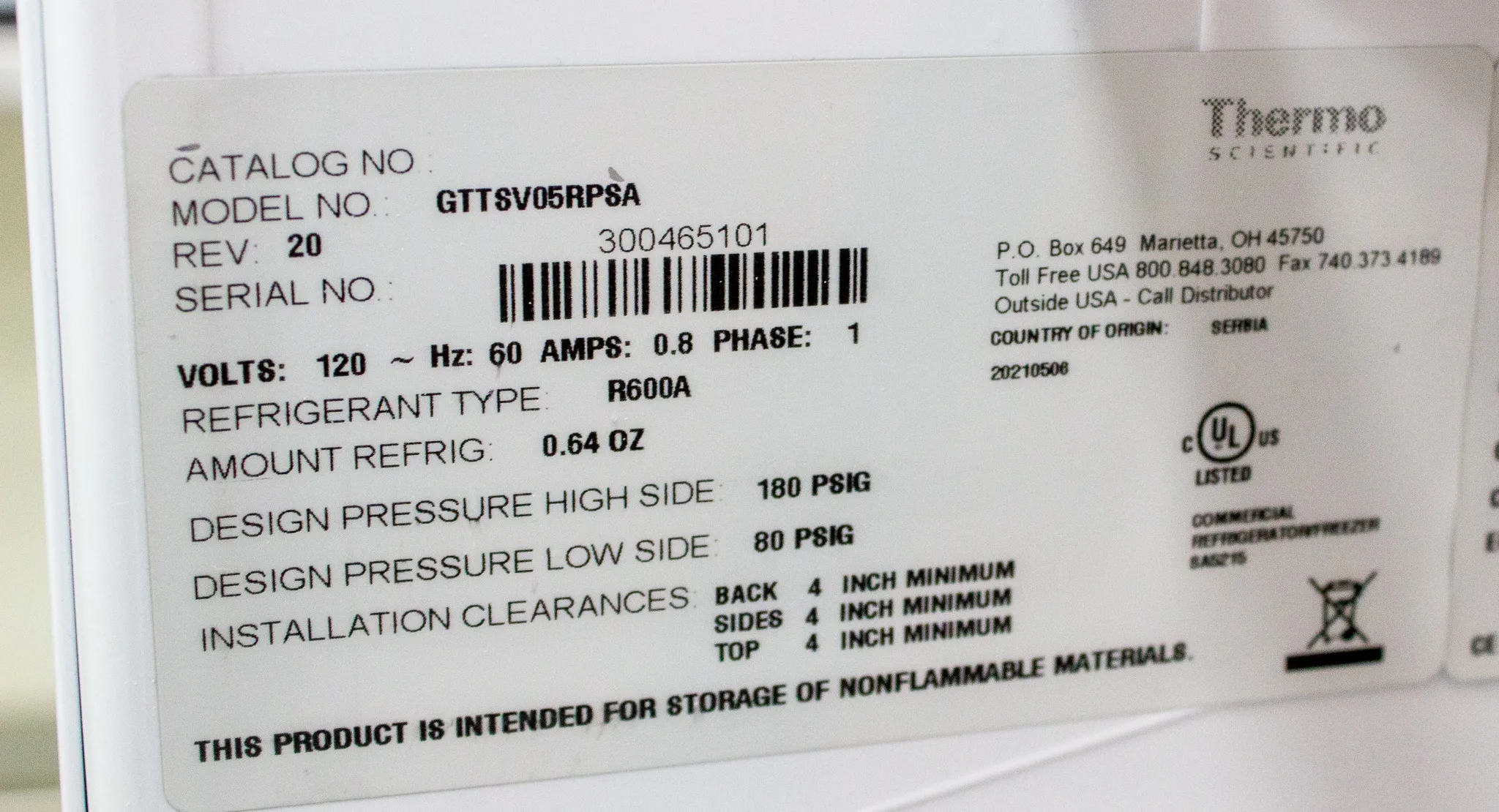 Thermo Scientific TSV Value Undercounter Refrigerator Model GTTSV05RPSA