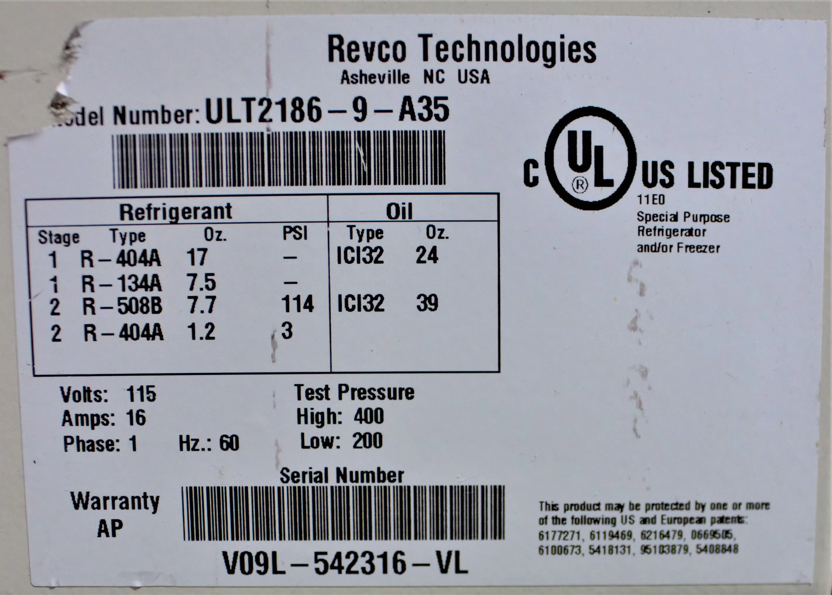 Revco Lab Freezer ULT2186-9-A35 ULT -80 Refrigerator