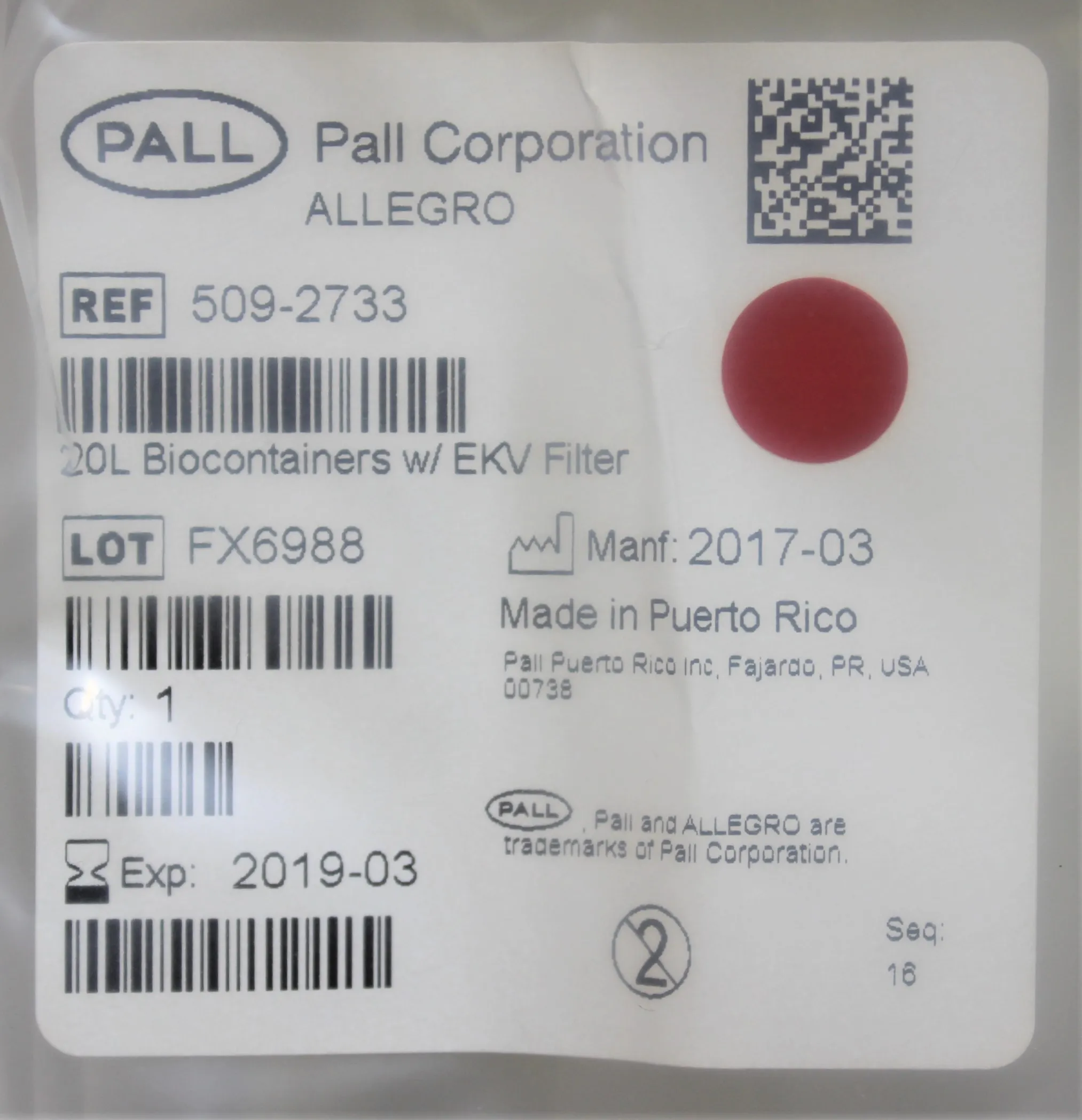 Pall Allegro 20L BioContainer 509-2733 w EKV Filter