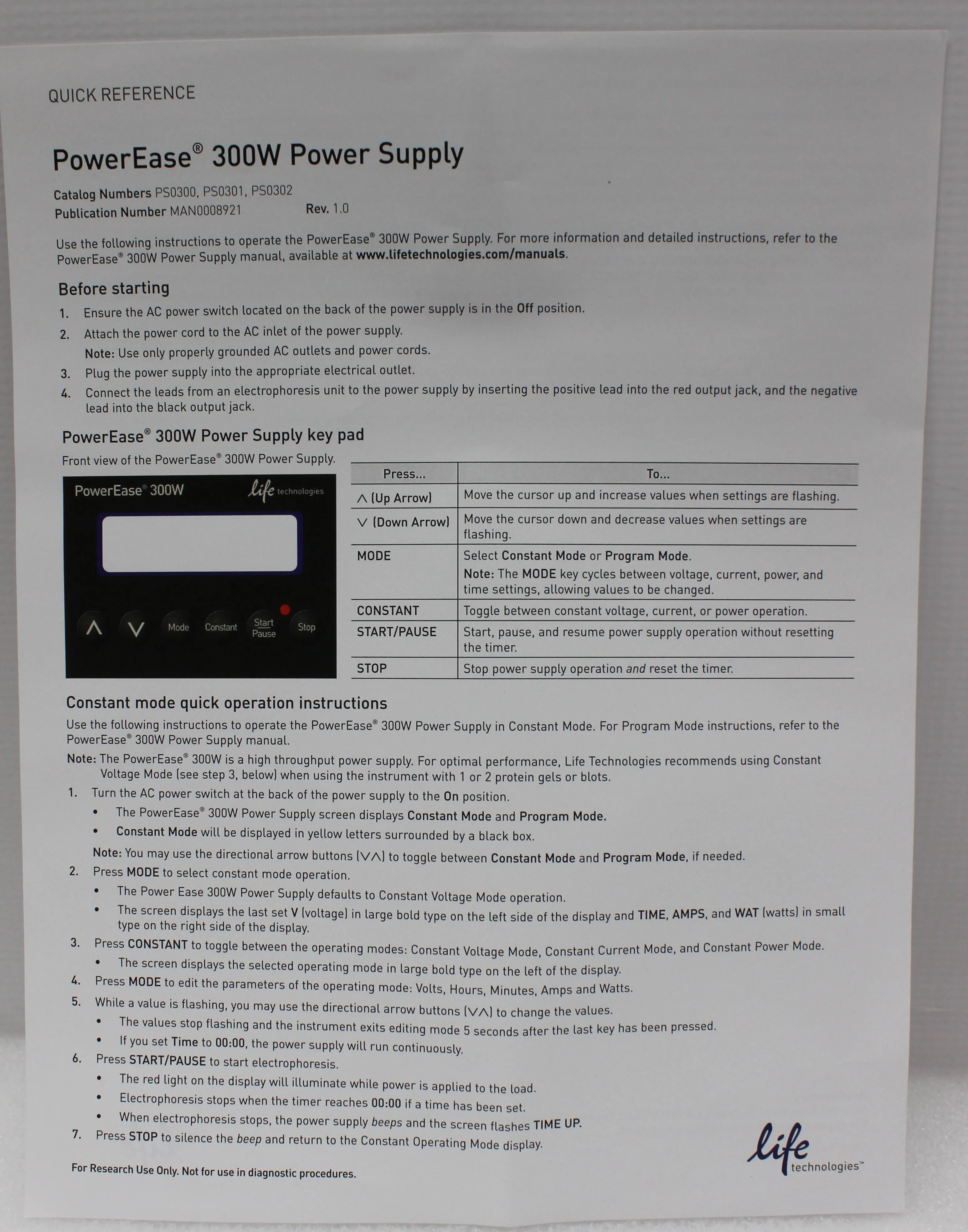 Life Technologies PowerEase 300W PS0300 Programmable Power Supply