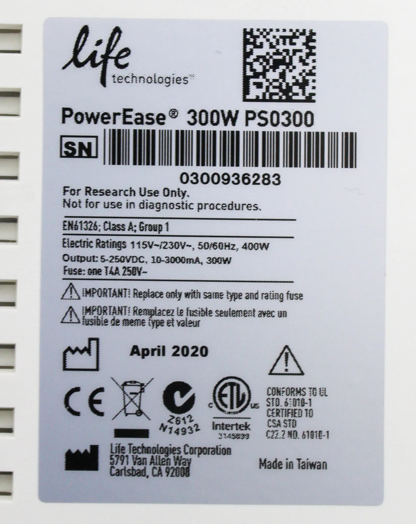 Life Technologies PowerEase 300W Electrophoresis Power Supply PS0300