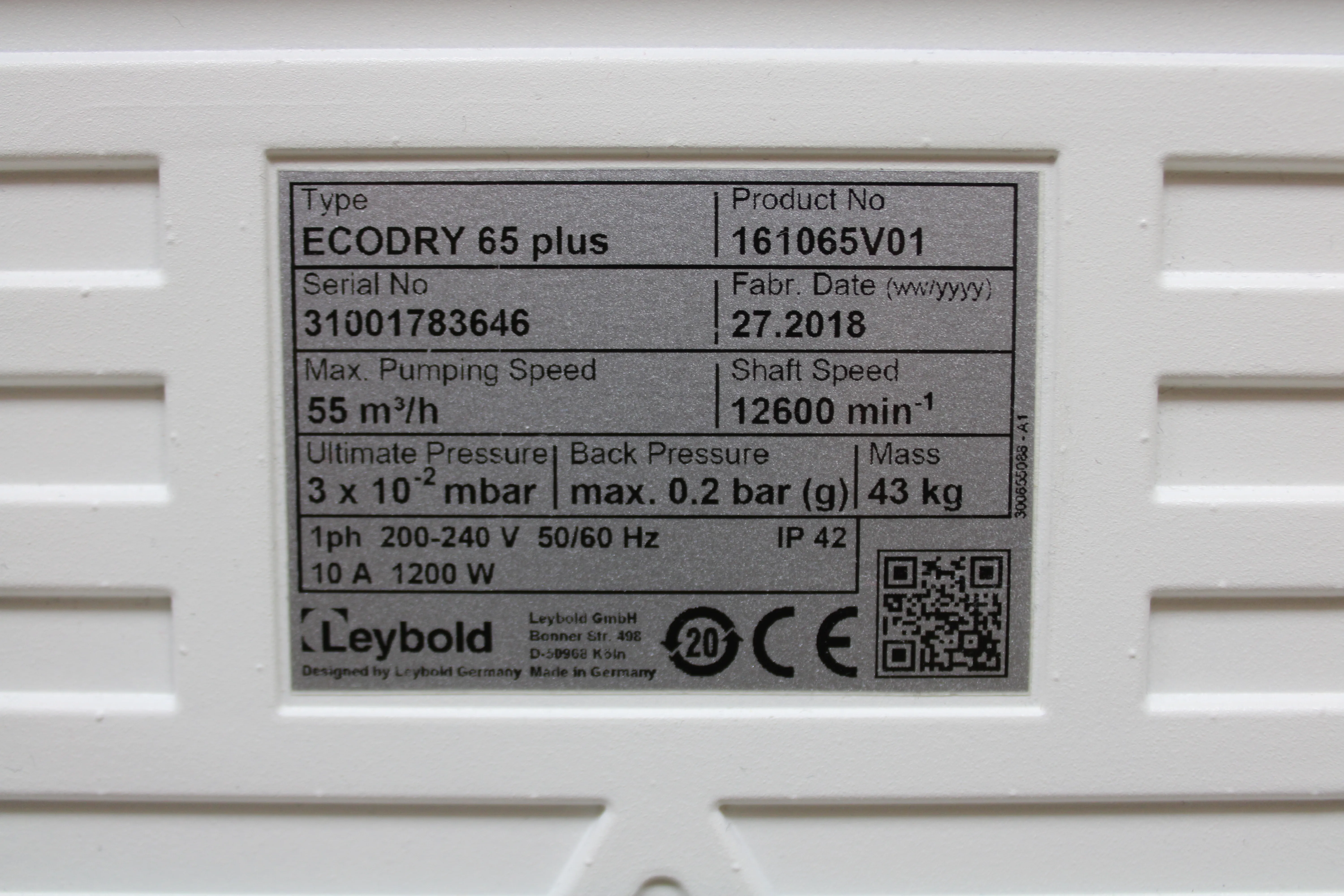 Leybold Sogevac Ecodry 65 Plus Vacuum Pump - Used in Very Good Condition - 240V