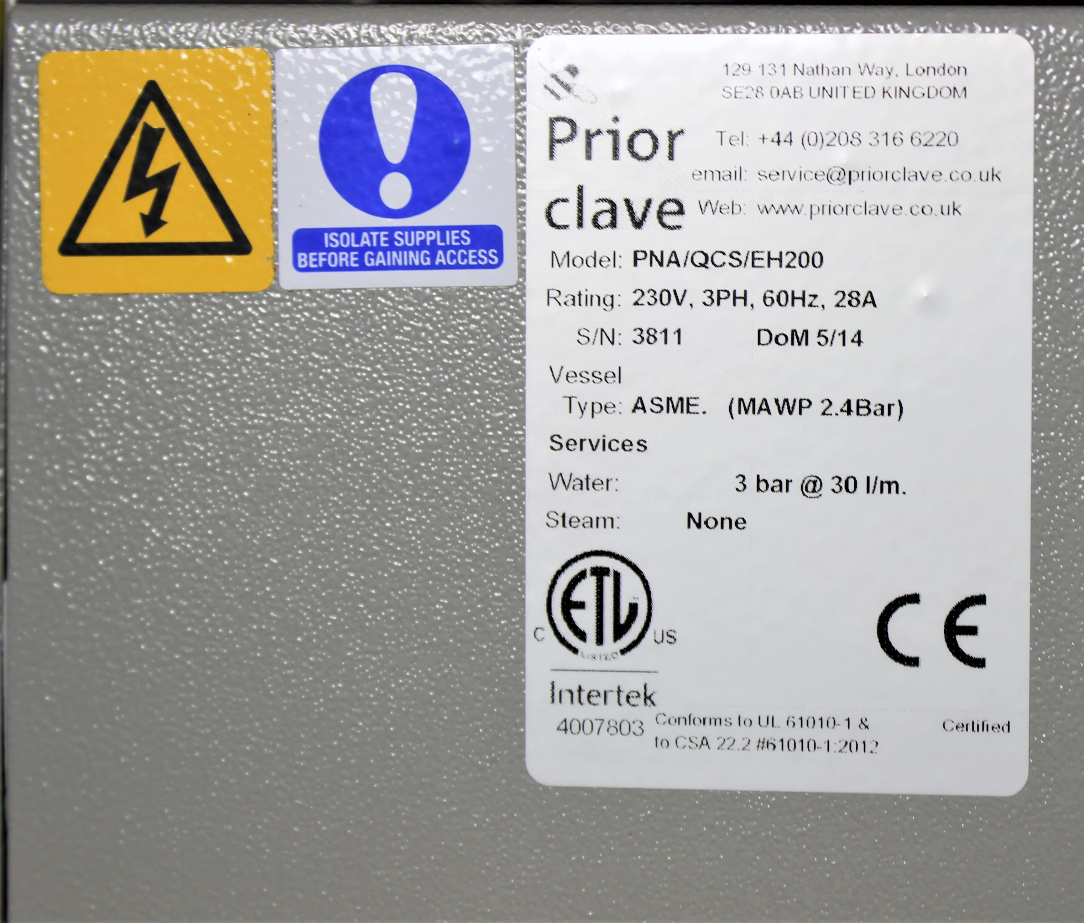 Priorclave PNA/QCS/EH200 Front-Loading Autoclave