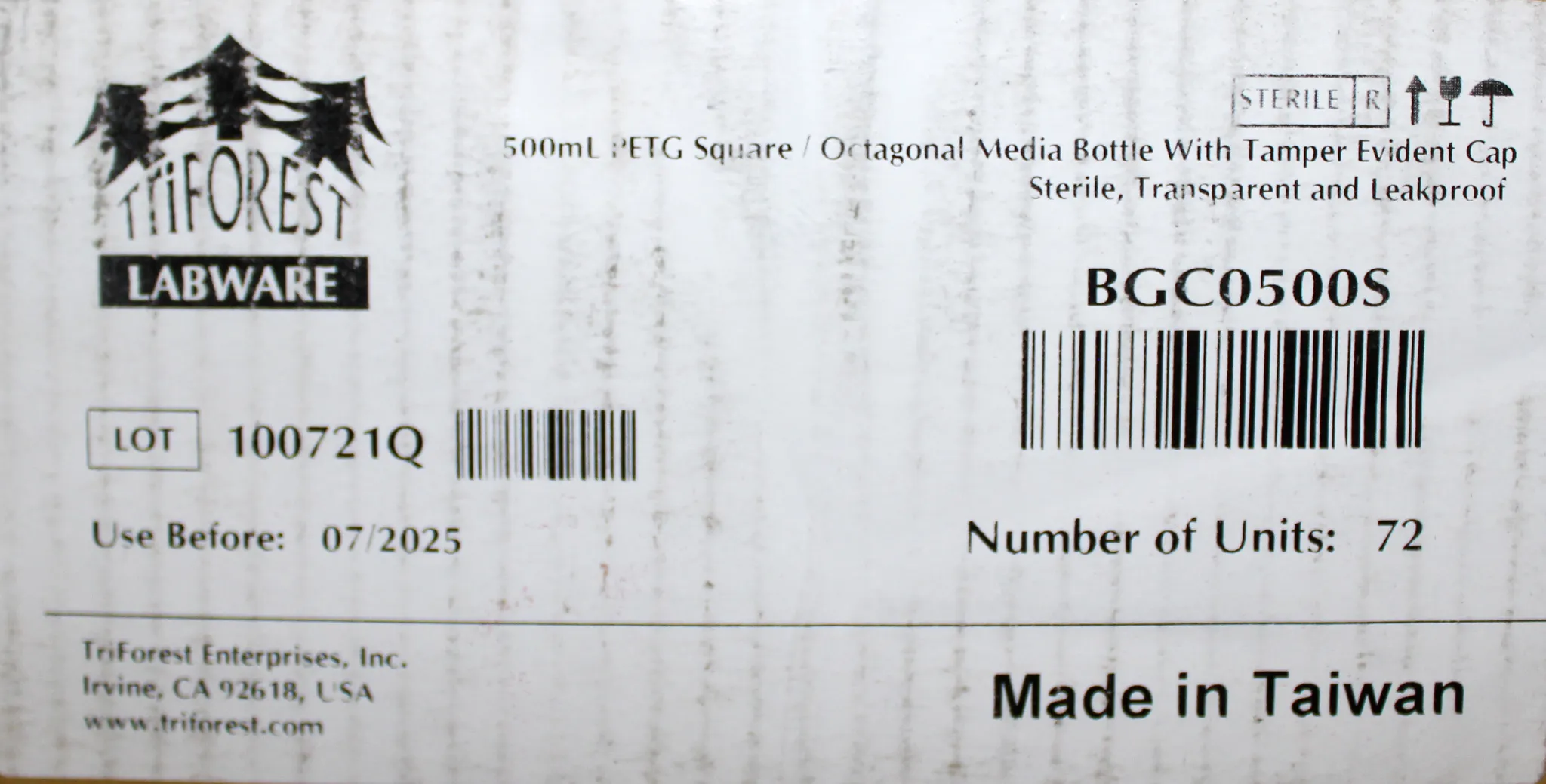 VWR Square/ Octagonal Media Bottle Autoclavable & Clear, 500ml Box of 72/CS - Cat: 30180-024