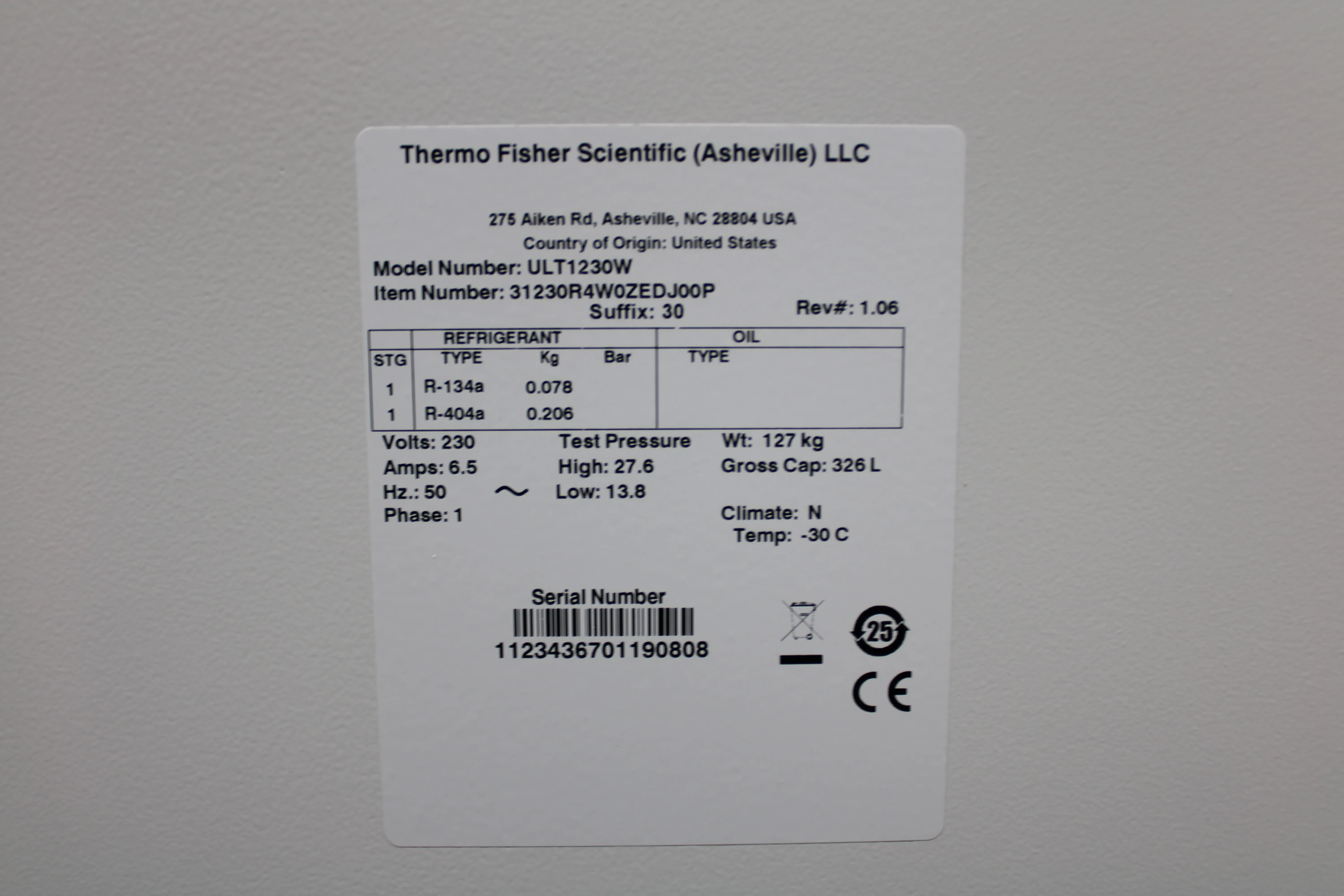 Thermo Fisher ULT1230W Upright -30C Lab Freezer 326L 230V British Plug