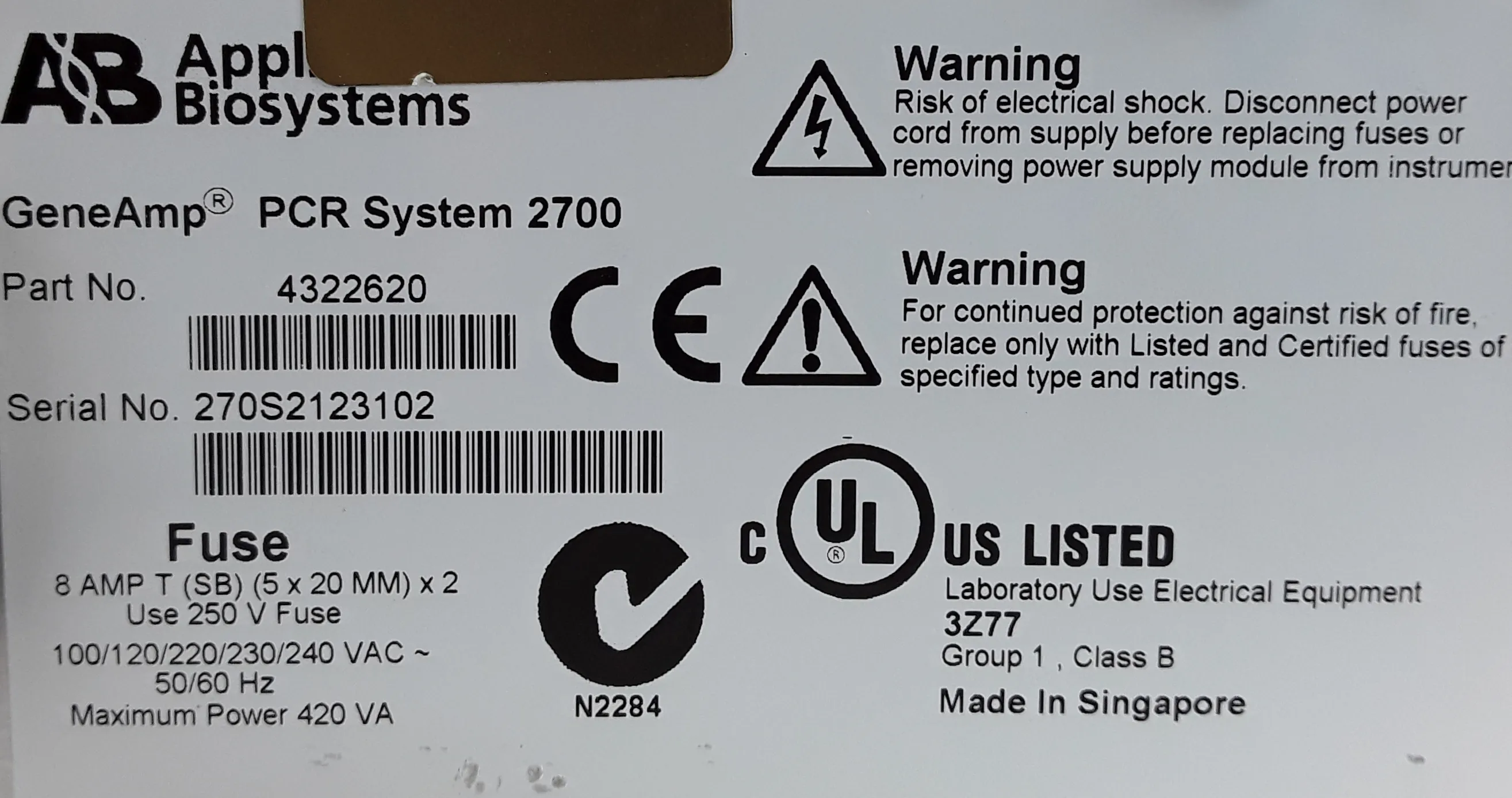 Bioanalytical Systems Thermal Cycler PCR System 2700