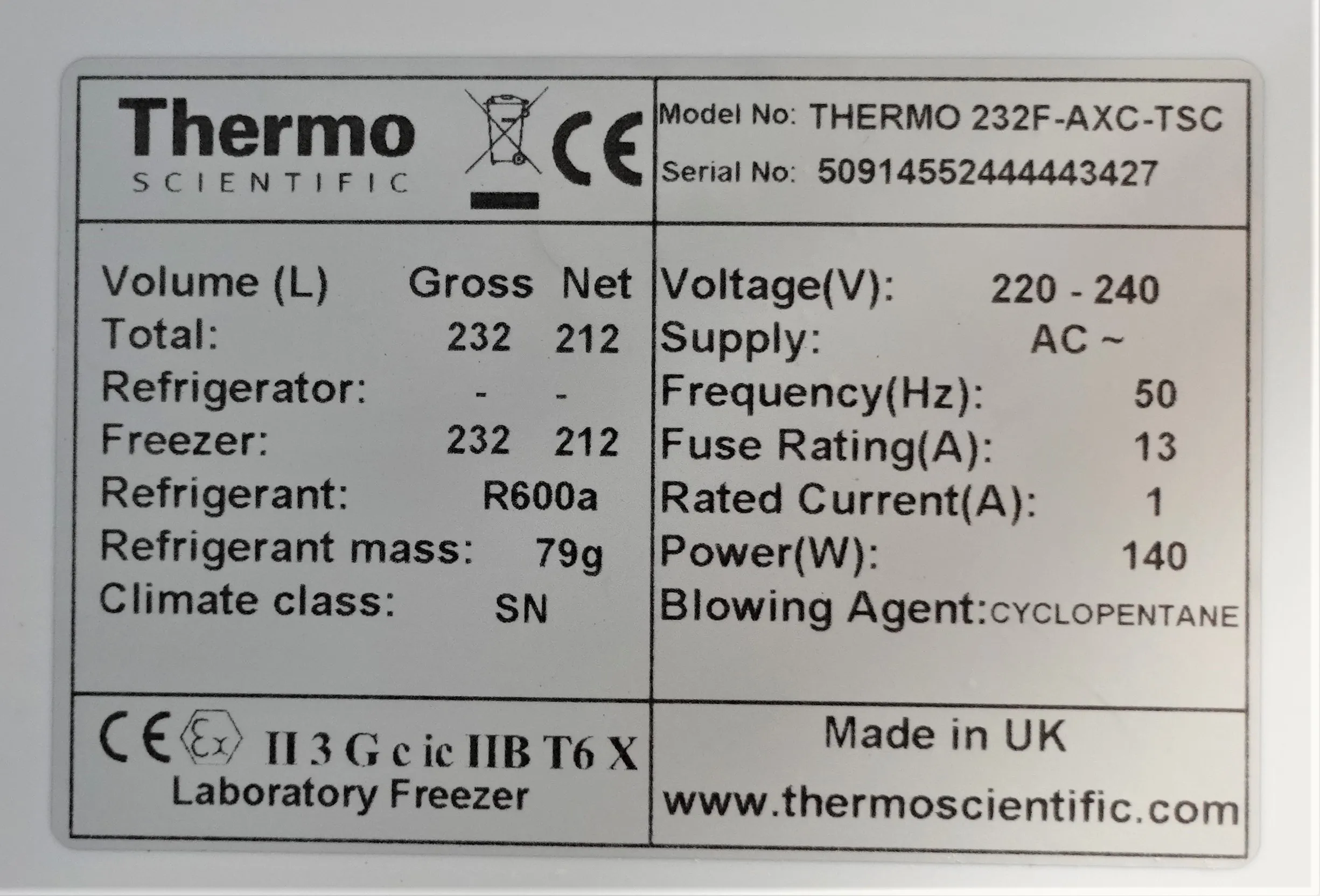 Thermo Scientific ES Series ATEX Certified Spark-Free Lab Freezer 232F-AXC-TSC 230V/50Hz UK