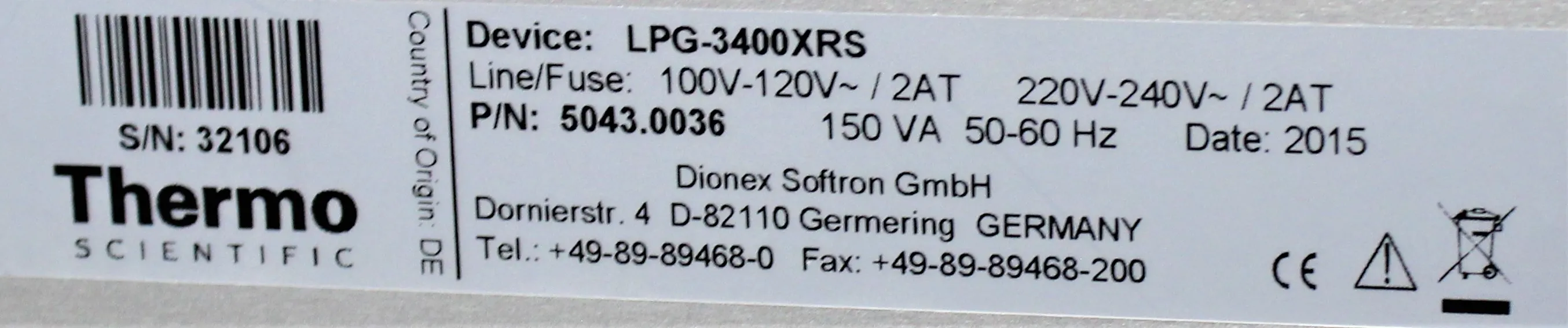 Thermo Scientific Dionex UltiMate LPG-3400XRS Extended Pressure Range Quaternary Pump