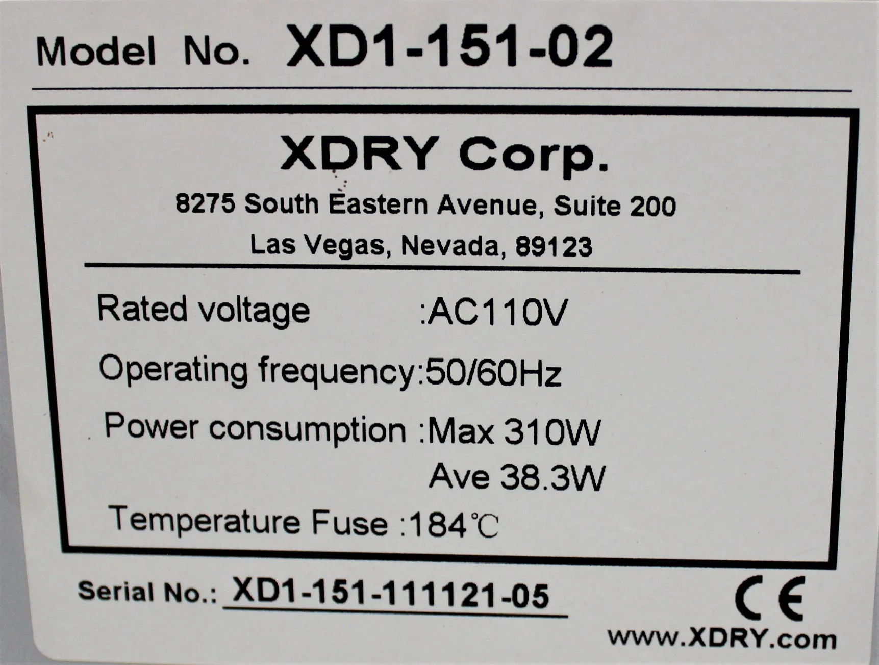 XDry Desiccant Dry Box M/N: XD1-151-02