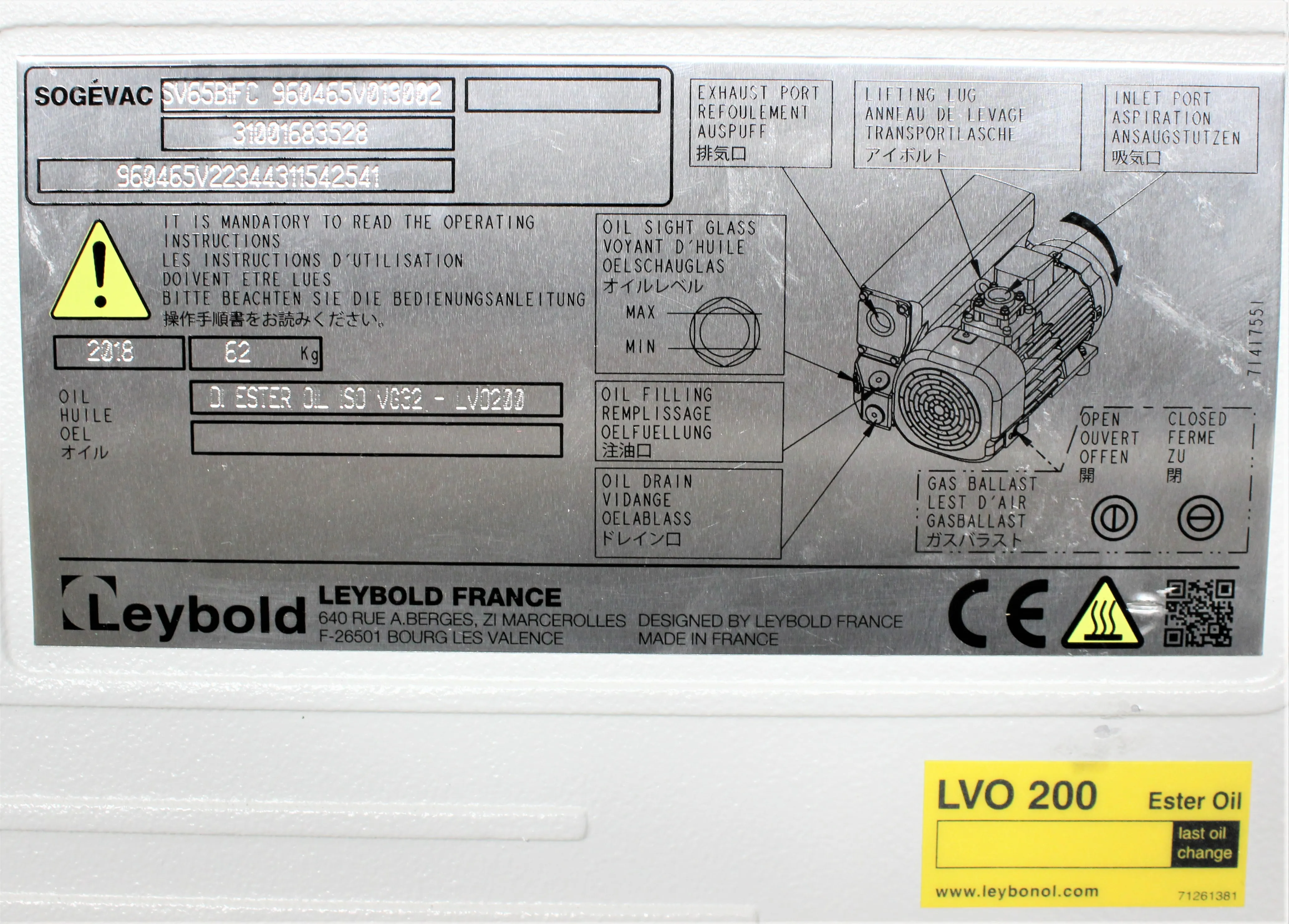 Leybold Sogevac SV40/65 BI FC Vacuum Pump - Used, 240V