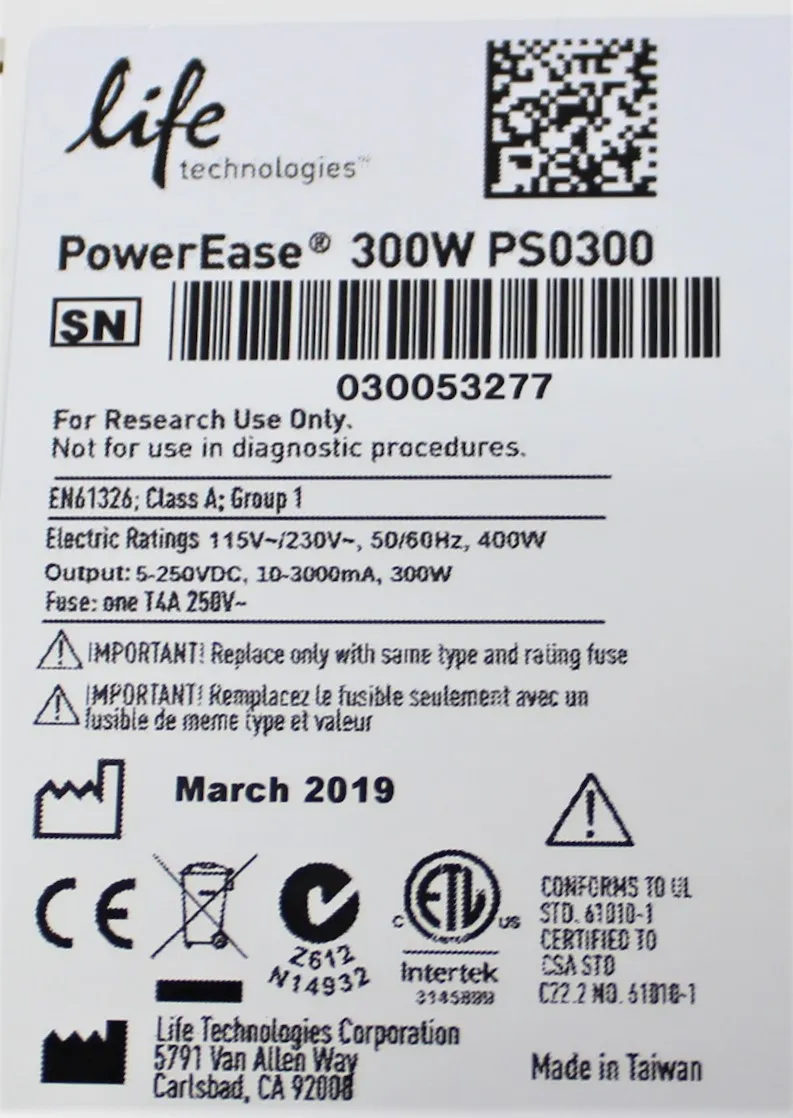 Life Technologies PowerEase 300W PS0300 Power Supply for Gel Electrophoresis