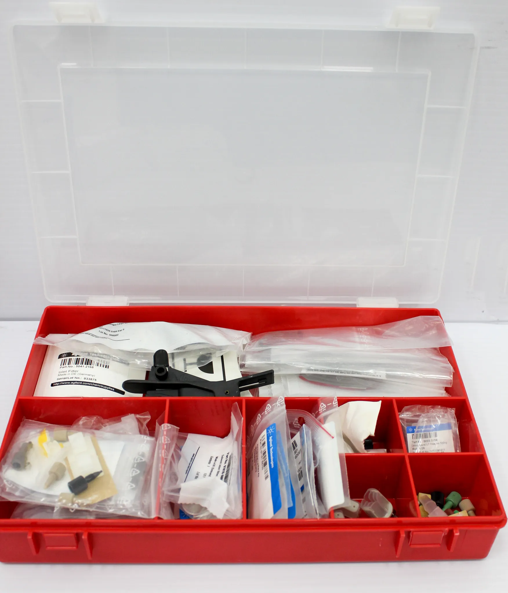 Thermo Scientific Miscellaneous Red Bin with Agilent Accessories, Macroman Pipette Controller, and LC-Tools Box