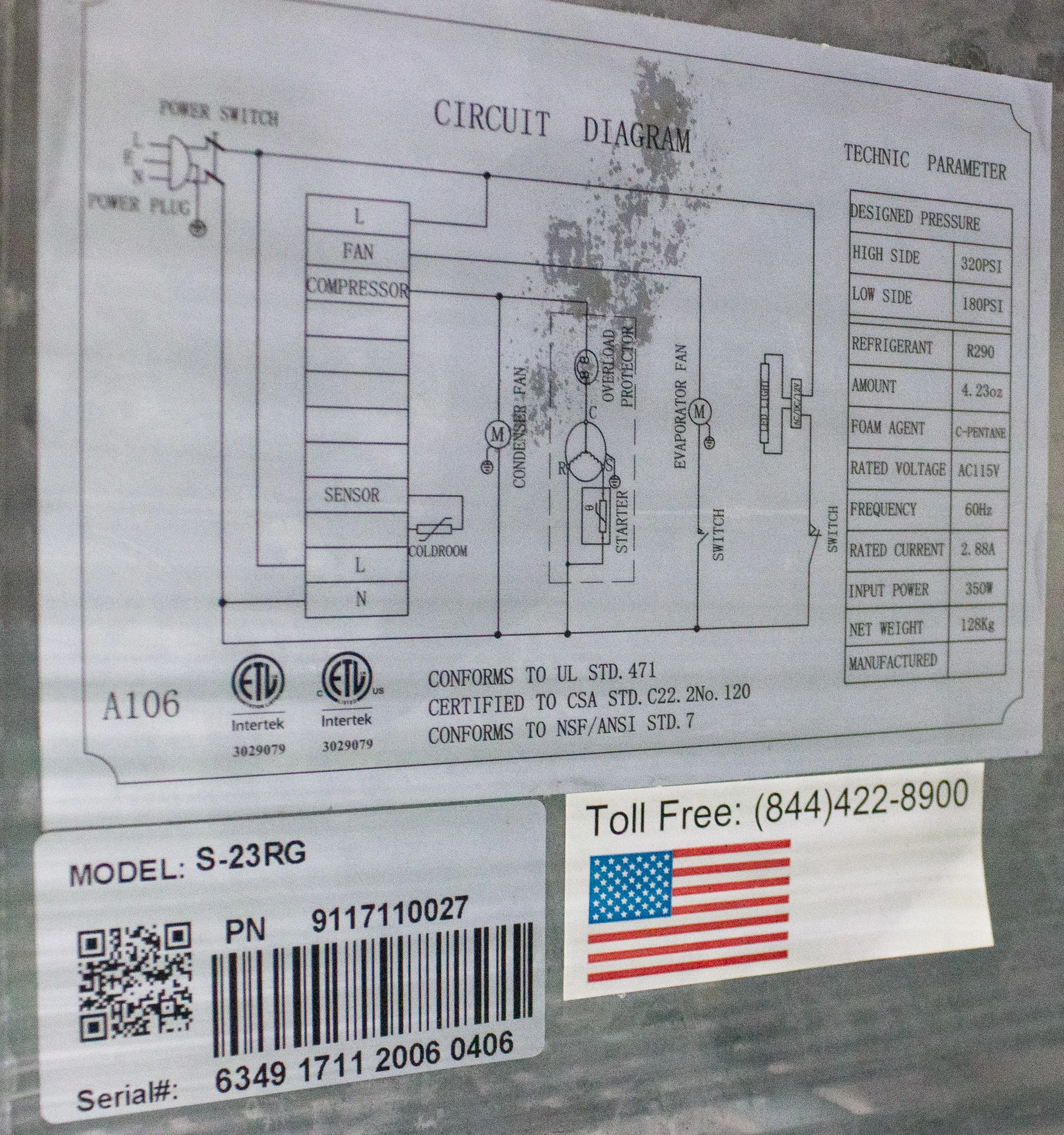 SABA S-23RG Reach-In Swing Glass Door Refrigerator P/N 9117110027