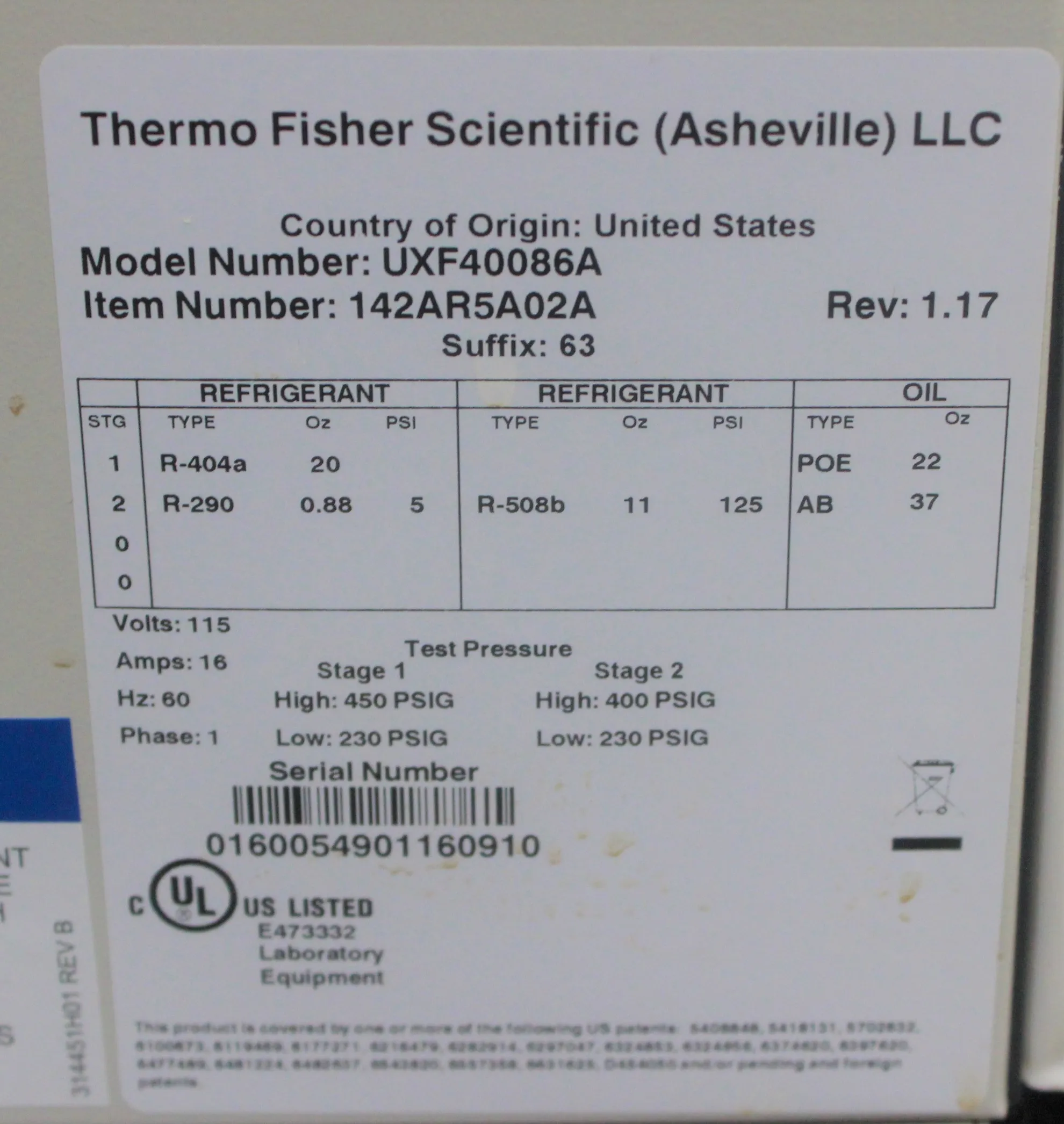 Thermo Fisher UXF40086A Upright Ultra-Low Temperature Freezer 86C, 19.4 cu. ft., 115V/60Hz