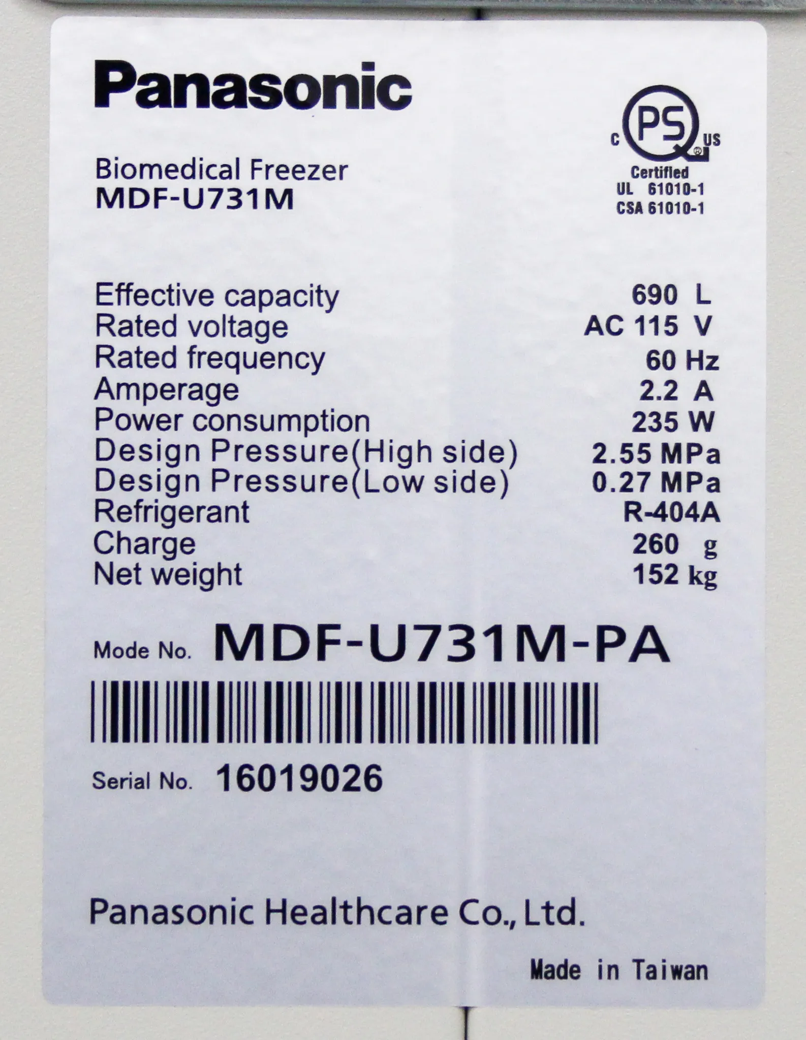 Panasonic Upright -30C, Biomedical Freezer Model MDF-U731M