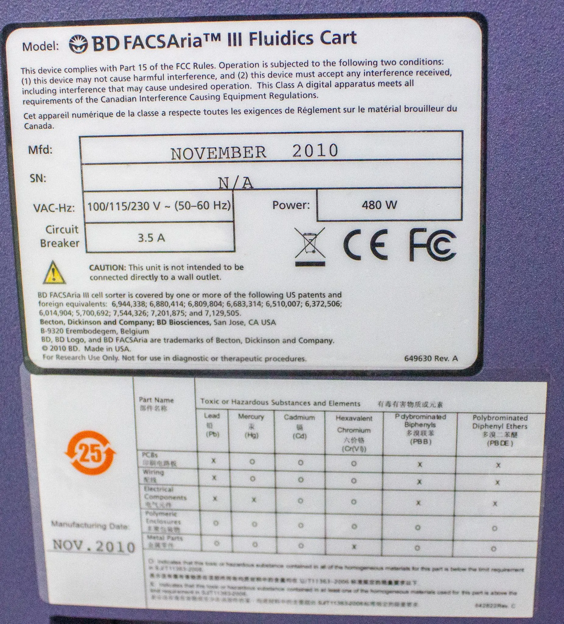 BD FACSAria III Cell Sorter w/ Fluidics Cart